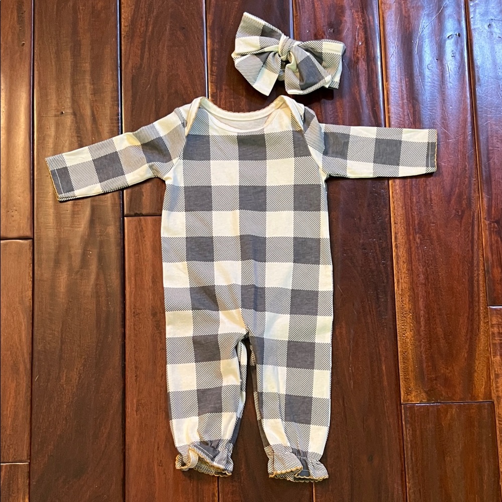 Mud Pie Gray and White Checkered Convertible Gown with Matching Bow